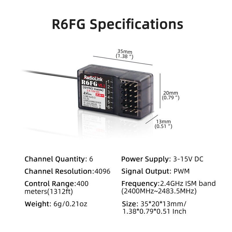 Radiolink R6FG 6 Channels 2.4GHz RC Receiver with Gyro, Surface Long Range Control RX for Vehicle Drifting/Crawler/Truck/Boat Works with Radio Controller RC4GS V3/RC6GS V3/RC8X/T8FB/T8S/T12D/T16D - Image 5